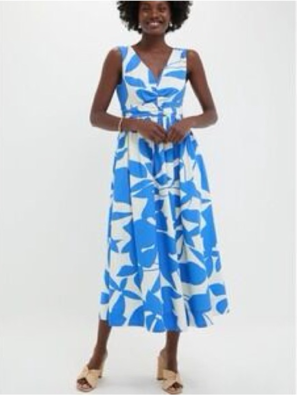 Blue & White V-Neck Midi Dress with Bold Floral Print